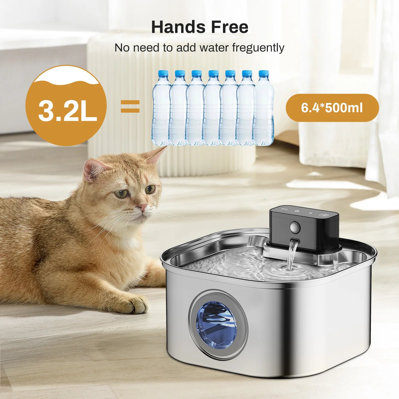 3.2L Wireless Pet Water Fountain — Stainless Steel, Motion Sensor & Silent Filter for Cats & Dogs